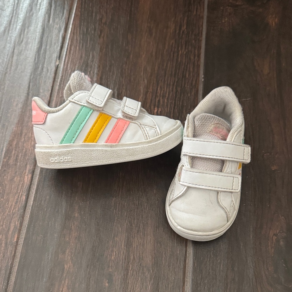 Adidas Kids Sneakers - White with Pink, Yellow, and Green Stripes